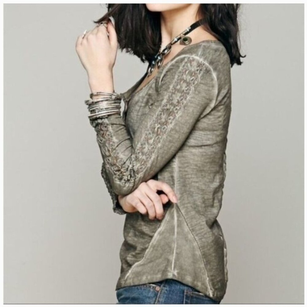 Free People Shell Stich Henley Shirt Green XS